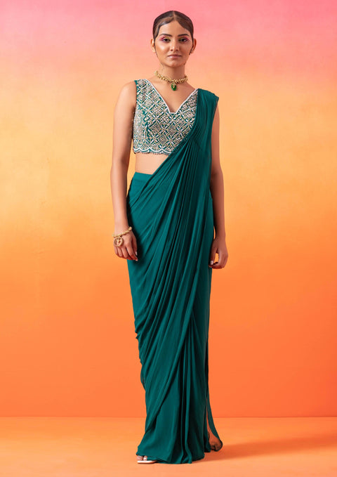 Seema Thukral-Emerald Green Pre-Stitched Sari And Blouse-INDIASPOPUP.COM