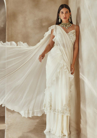 Seema Thukral-Ivory Draped Ruffle Sari And Blouse-INDIASPOPUP.COM