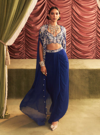 Chikni electric blue embellished cape and draped skirt set