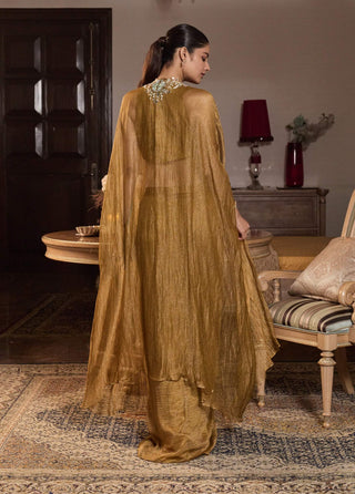 Navya tissue dark gold cape and skirt set