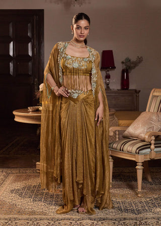 Navya tissue dark gold cape and skirt set