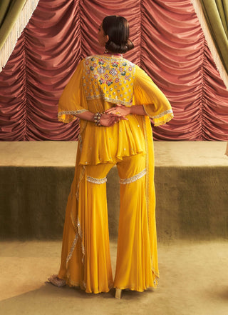 Jyoti Yellow Embellished Peplum And Gharara Pants by Seema Thukral available on Indiaspopup.com