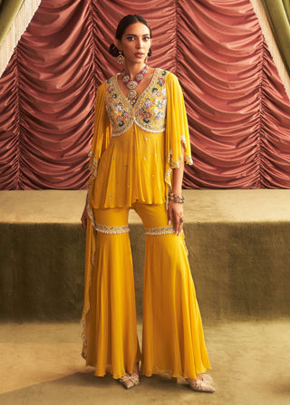 Jyoti Yellow Embellished Peplum And Gharara Pants by Seema Thukral available on Indiaspopup.com