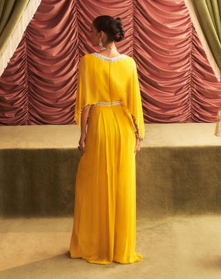 Manju Yellow Embellished Draped Jumpsuit by Seema Thukral available on Indiaspopup.com