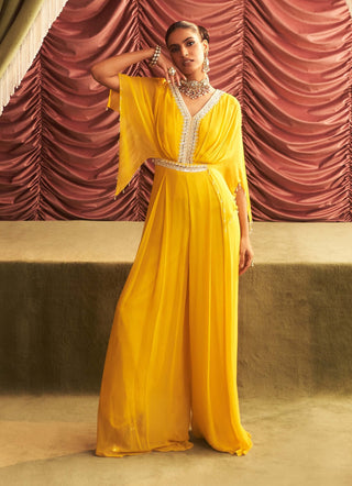 Manju Yellow Embellished Draped Jumpsuit by Seema Thukral available on Indiaspopup.com