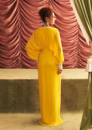 Kavita Yellow Embellished Draped Full Length Dress by Seema Thukral available on Indiaspopup.com