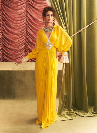 Kavita Yellow Embellished Draped Full Length Dress by Seema Thukral available on Indiaspopup.com