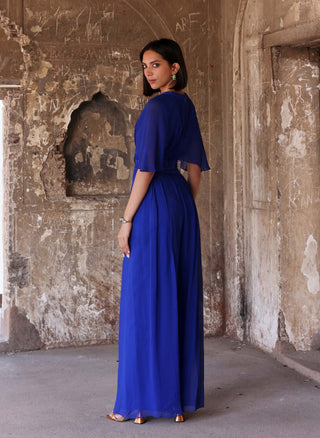 Seema Thukral-Audrey Electric Blue Pleated Jumpsuit-INDIASPOPUP.COM