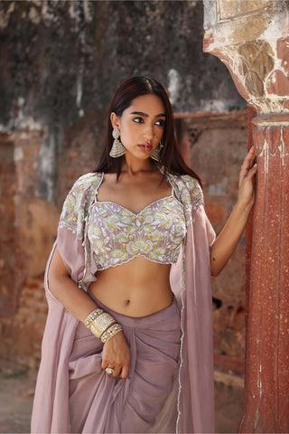 Seema Thukral-Miranda Lilac Embellished Draped Skirt And Cape Set-INDIASPOPUP.COM