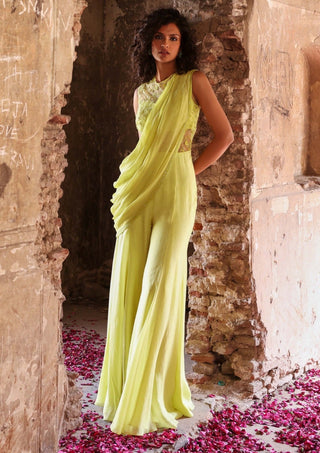 Seema Thukral-Kirat Green Jumpsuit With Draped Pallu-INDIASPOPUP.COM