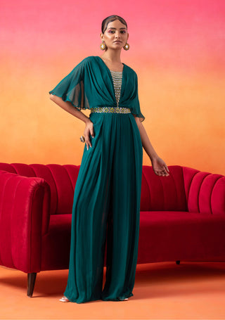 Seema Thukral-Emerald Green Pre-Draped Jumpsuit-INDIASPOPUP.COM