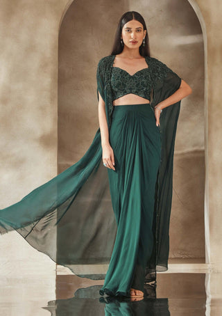 Seema Thukral-Emerald Green Embellished Cape And Draped Skirt Set-INDIASPOPUP.COM