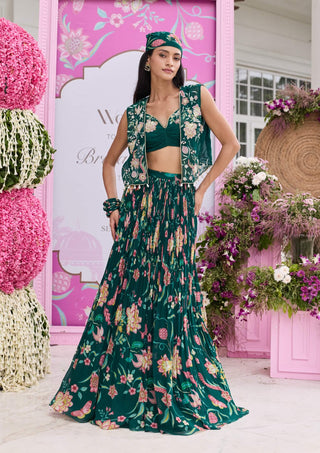 Sabha emerald green jacket and skirt set