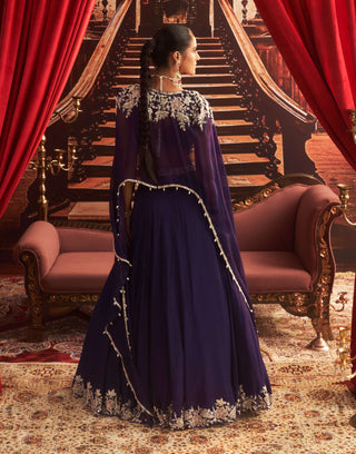 Guddi Purple Embellished Cape And Lehenga Set by Seema Thukral available on Indiaspopup.com