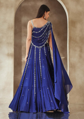 Seema Thukral-Electric Blue Draped Choli And Skirt-INDIASPOPUP.COM