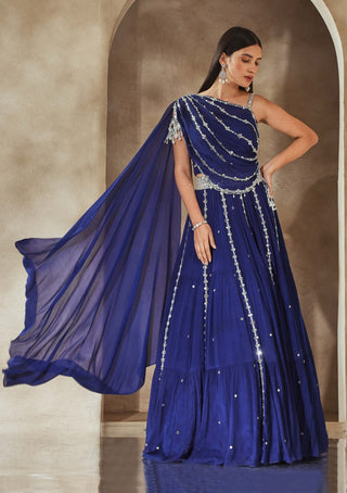 Seema Thukral-Electric Blue Draped Choli And Skirt-INDIASPOPUP.COM