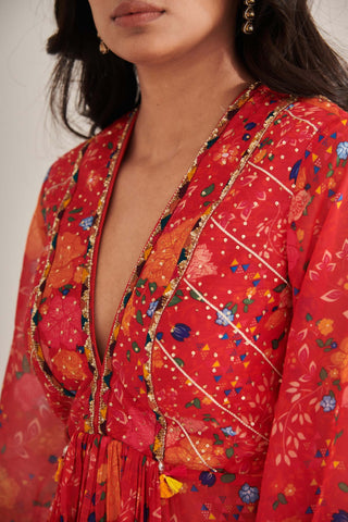 Kesh bright red floral kurta and pants