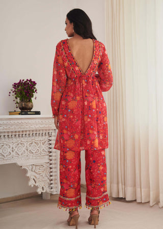 Kesh bright red floral kurta and pants