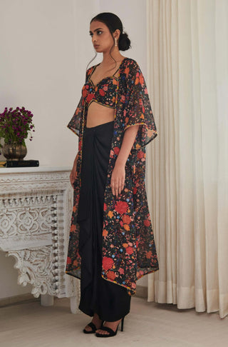 Kajal black floral cape and skirt set