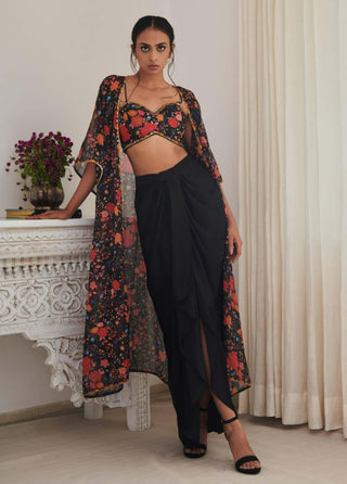 Kajal black floral cape and skirt set