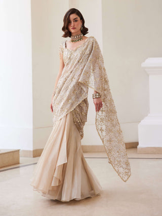 Ivory gold silk tissue pre-drape sari set