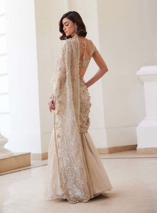Ivory gold silk tissue pre-drape sari set