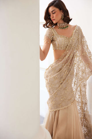 Ivory gold silk tissue pre-drape sari set