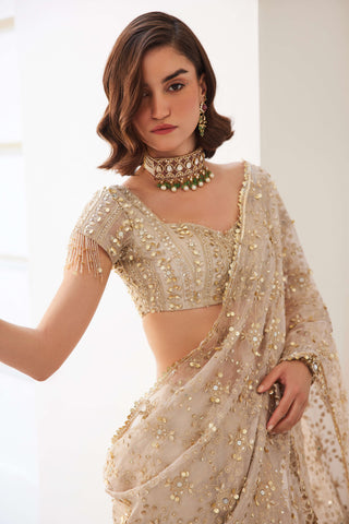 Ivory gold silk tissue pre-drape sari set