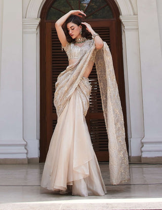 Ivory gold silk tissue pre-drape sari set