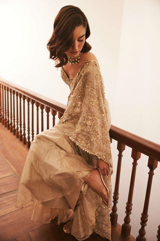 Ivory gold silk tissue pre-drape sari set