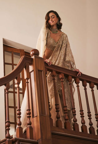 Ivory gold silk tissue pre-drape sari set