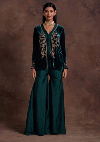 Sanya Gulati-Green Velvet Jacket And Sharara Set-INDIASPOPUP.COM