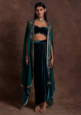 Sanya Gulati-Green Velvet Drape Skirt And Cape Set-INDIASPOPUP.COM