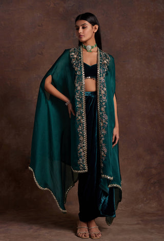 Sanya Gulati-Green Velvet Drape Skirt And Cape Set-INDIASPOPUP.COM
