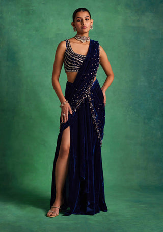 Sanya Gulati-Blue Velvet Slit Sari And Blouse-INDIASPOPUP.COM