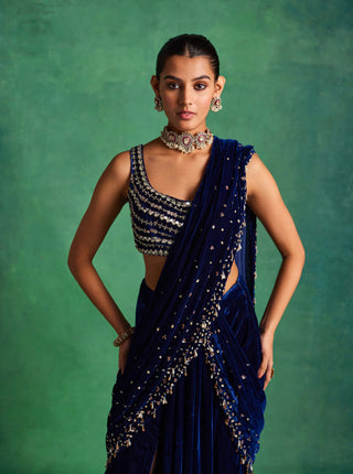Sanya Gulati-Blue Velvet Slit Sari And Blouse-INDIASPOPUP.COM