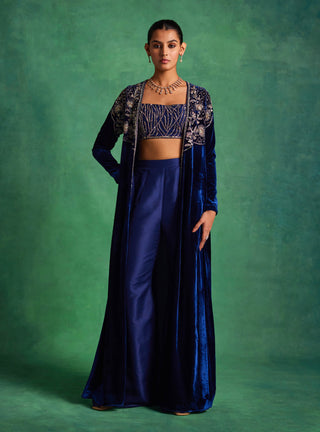 Sanya Gulati-Blue Velvet Long Jacket And Pant Set-INDIASPOPUP.COM