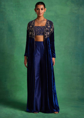 Sanya Gulati-Blue Velvet Long Jacket And Pant Set-INDIASPOPUP.COM