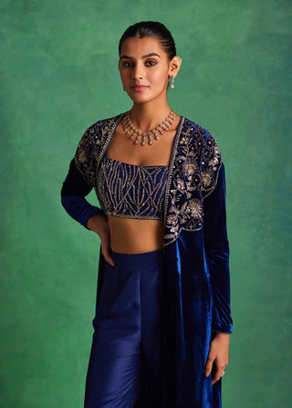 Sanya Gulati-Blue Velvet Long Jacket And Pant Set-INDIASPOPUP.COM