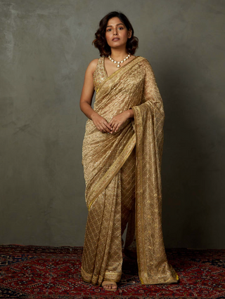 Gold Rohira Saree With Unstitched Blouse by Ri.Ritu Kumar, available on Indiaspopup.com