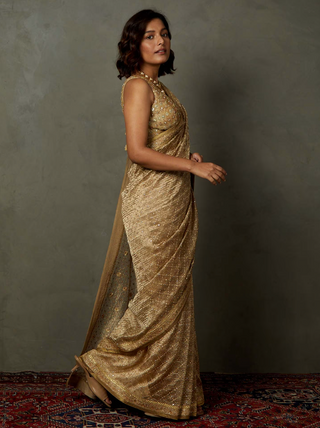 Gold Rohira Saree With Unstitched Blouse by Ri.Ritu Kumar, available on Indiaspopup.com