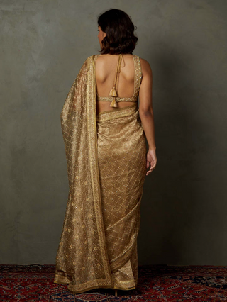 Gold Rohira Saree With Unstitched Blouse by Ri.Ritu Kumar, available on Indiaspopup.com