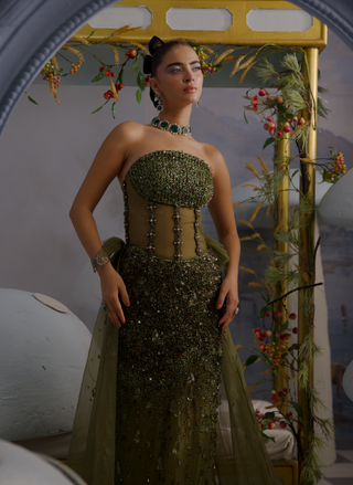 Isabela green crystal embellished gown with trail