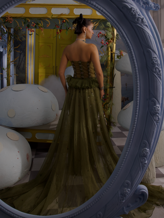 Isabela green crystal embellished gown with trail