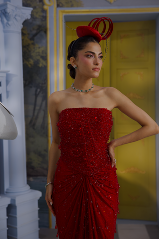 Aurora red stoned embellished corset with draped skirt set