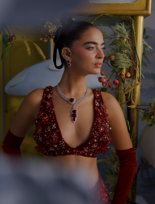 Isabela red sangria embellished bustier with skirt
