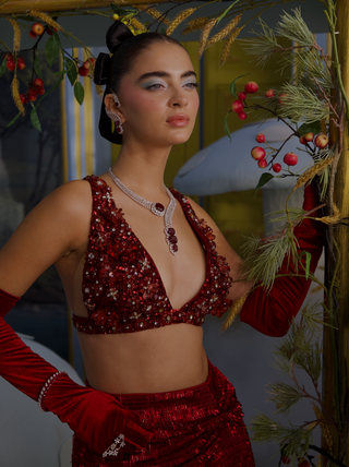Isabela red sangria embellished bustier with skirt