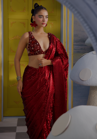 Blair red sangria embellished bustier with sari