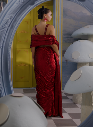 Blair red sangria embellished bustier with sari