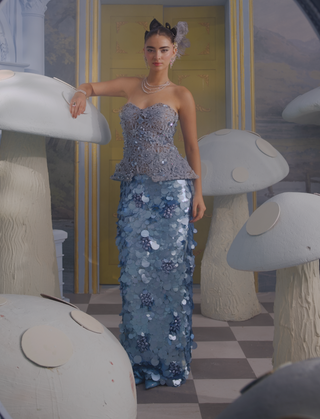 Opal iceberg blue embellished corset with skirt
